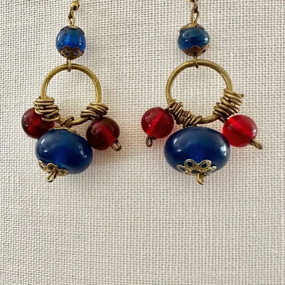 Red blue and gold tone beaded drop earrings